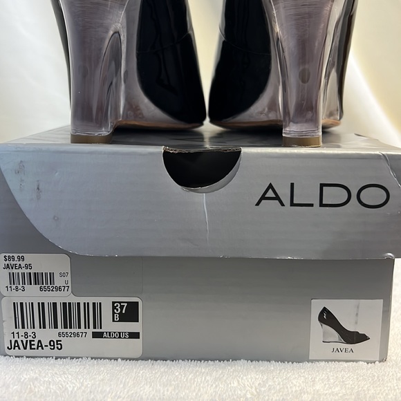 EUC Aldo Size 7/ 37 Javea Black patent lucite wedge heels - Picture 5 of 16